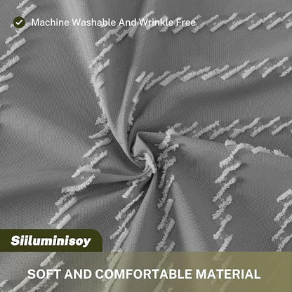 Siiluminisoy Extra Long Grey Boho Shower Curtain with Tassel, Woven Fabric 84 in Shower Curtain, Tufted Chevron Striped, 72 x 84, Modern Chic Textured Minimalist Bathroom Shower