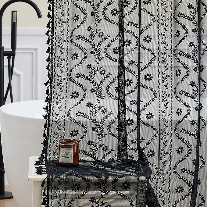 WAZZIO Black Lace Shower Curtain - Vintage Pretty Floral Sheer Shower Curtains Goth, Decorative Tassel Bath Curtains for Bathroom, 72 x 84 Inch, 1 Panel