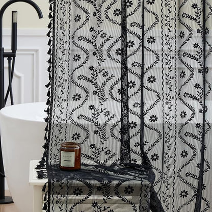 WAZZIO Black Lace Shower Curtain - Vintage Pretty Floral Sheer Shower Curtains Goth, Decorative Tassel Bath Curtains for Bathroom, 72 x 84 Inch, 1 Panel