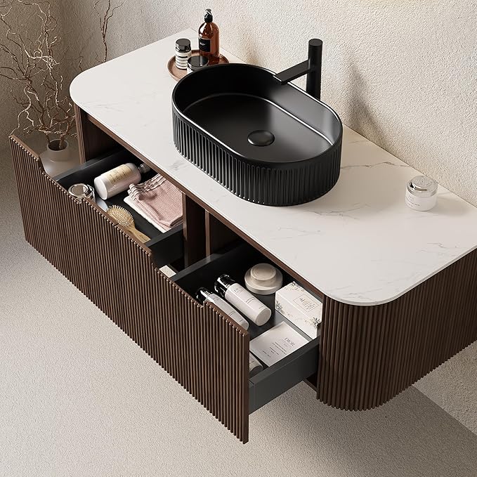 Yayzy 48" Floating Bathroom Vanity with Sink, Solid Wood Fluted Cabinet, Black Fluted Oval Ceramic Basin & Faux Marble Top, Soft-Close Drawer, Pre-Assembled, Walnut Woodgrain