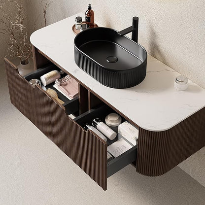 Yayzy 48" Floating Bathroom Vanity with Sink, Solid Wood Fluted Cabinet, Black Fluted Oval Ceramic Basin & Faux Marble Top, Soft-Close Drawer, Pre-Assembled, Walnut Woodgrain