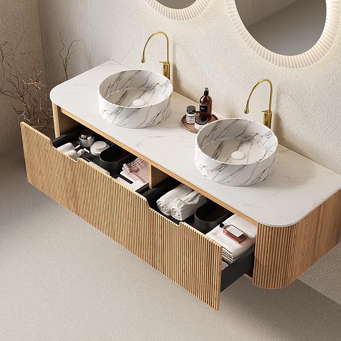 Yayzy 60" Floating Bathroom Vanity with Sink, Solid Wood Fluted Cabinet, White Marble-Patterned Ceramic Basin & Faux Marble Top, Soft-Close Drawer, Pre-Assembled, Natural Woodgrain