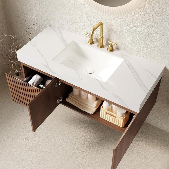 KEIKI 48 Inch Floating Bathroom Vanity with Sink, Brown Oak & White | Modern Wall Mounted Storage Cabinet w/ Drawer & Door, Pre-assembled Wood Panels, Sintered Stone Top & Ceramic Basin Combo Set
