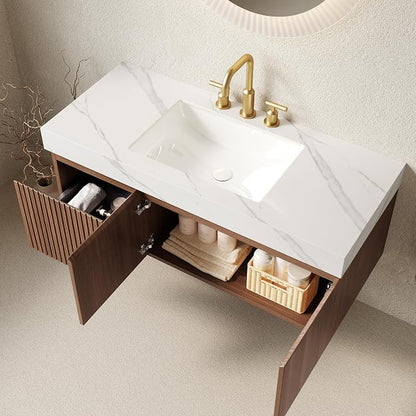 KEIKI 48 Inch Floating Bathroom Vanity with Sink, Brown Oak & White | Modern Wall Mounted Storage Cabinet w/ Drawer & Door, Pre-assembled Wood Panels, Sintered Stone Top & Ceramic Basin Combo Set