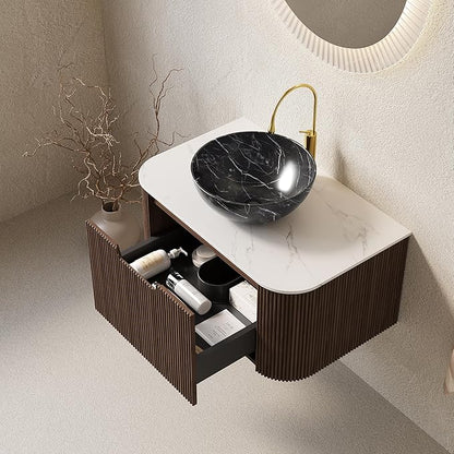 30'' Bathroom Vanities Cabinet with Sink Combo, Wall Mounted Floating Cabinet W/Curved Edges Stripes, Oak Plywood, Soft-Close System with a Drawer, Black Bowl Ceramic Basin - Kiel, Dark Walnut/R