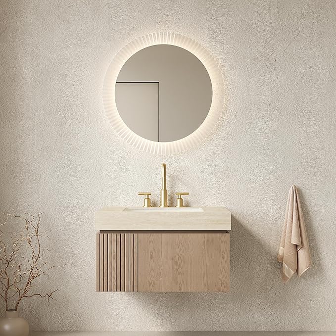 KEIKI 30 Inch Floating Bathroom Vanity with Sink, Light Brown & Beige | Modern Wall Mounted Storage Cabinet w/ Drawer & Door, Pre-assembled Wood Panels, Sintered Stone Top & Ceramic Basin Combo Set