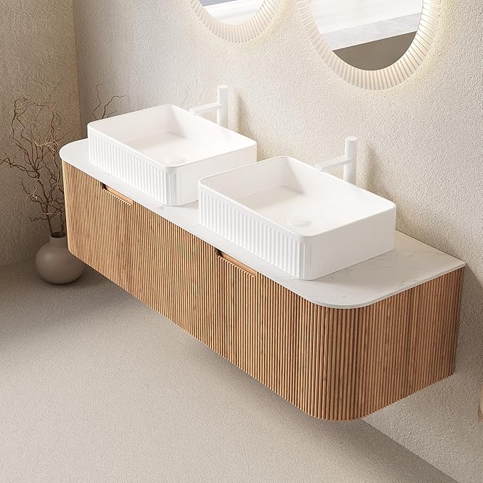 Yayzy 60" Floating Bathroom Vanity with Sink, Solid Wood Fluted Cabinet, White Fluted Square Ceramic Basin & Faux Marble Top, Soft-Close Drawer, Pre-Assembled, Natural Woodgrain