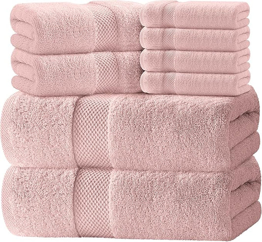 White Classic Luxury Bath Towel Set of 8 Pieces - 100% Turkish Cotton Highly Absorbent Towels for Bathroom, 2 Luxury Bath Towels 700GSM, 2 Hand Towels, 4 Washcloths, Pink