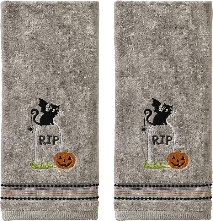 SKL Home Halloween Graveyard Cat Hand Towel 2pc Set for Bath/Kitchen/Bar & Gift, Gray