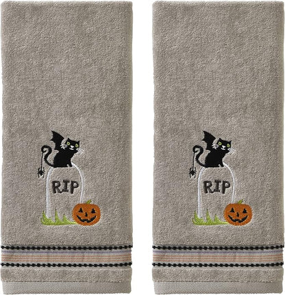 SKL Home Halloween Graveyard Cat Hand Towel 2pc Set for Bath/Kitchen/Bar & Gift, Gray