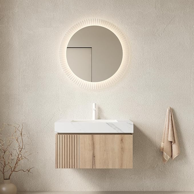 KEIKI 30 Inch Floating Bathroom Vanity with Sink, White Oak & White | Modern Wall Mounted Storage Cabinet w/ Drawer & Door, Pre-assembled Wood Panels, Sintered Stone Top & Ceramic Basin Combo Set