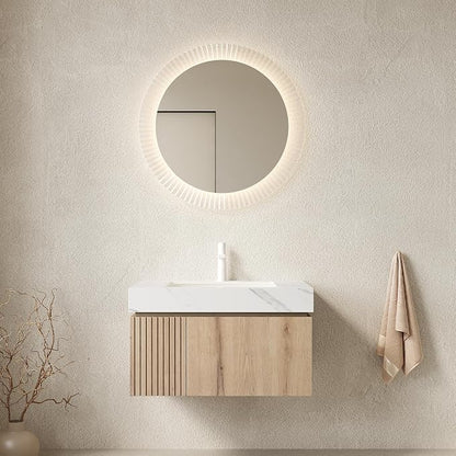 KEIKI 30 Inch Floating Bathroom Vanity with Sink, White Oak & White | Modern Wall Mounted Storage Cabinet w/ Drawer & Door, Pre-assembled Wood Panels, Sintered Stone Top & Ceramic Basin Combo Set