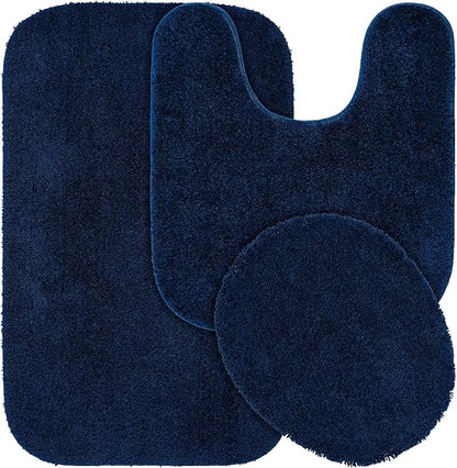 Garland Rug Traditional Nylon Washable Navy 3 Piece Set - Lid, Contour, Bath Rug - Soft, Absorbent, and Stylish for Your Bathroom