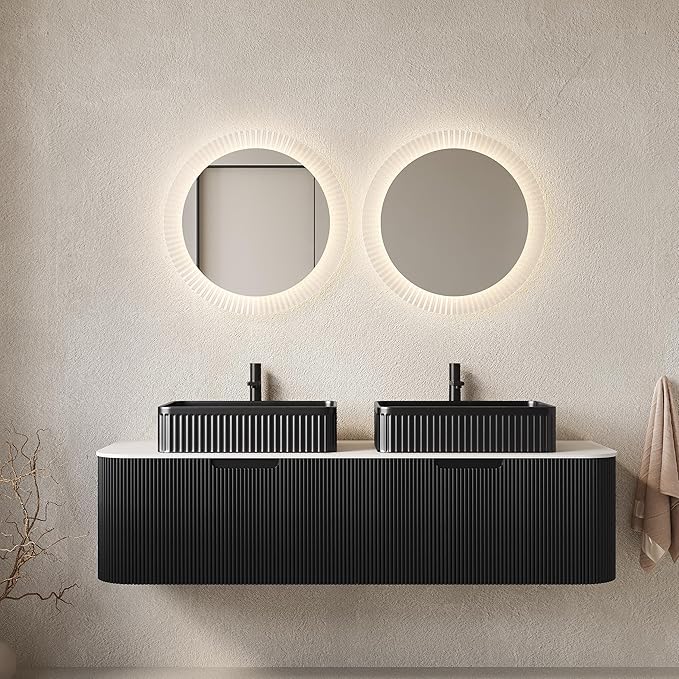 60'' Bathroom Vanities Cabinet with Sink, Wall Mounted Floating Cabinet W/Curved Edges Stripes, Oak Plywood, Soft-Close System with 2 Drawer & 2 Black Rectangular Ceramic Basin - Kiel, Black/B