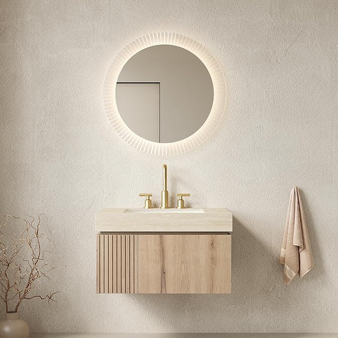 KEIKI 30 Inch Floating Bathroom Vanity with Sink, Modern Wall Mounted Storage Cabinet with Drawer, Pre-assembled Waterproof Wood Panels, Sintered Stone Top & Ceramic Basin Combo Set, White Oak & Beige