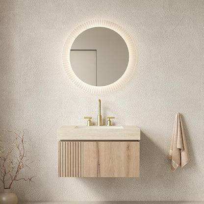 KEIKI 30 Inch Floating Bathroom Vanity with Sink, Modern Wall Mounted Storage Cabinet with Drawer, Pre-assembled Waterproof Wood Panels, Sintered Stone Top & Ceramic Basin Combo Set, White Oak & Beige