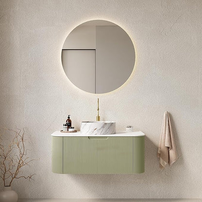 Yayzy 36" Floating Bathroom Vanity with Sink, Solid Wood Fluted Cabinet, White Marble-Patterned Ceramic Basin & Faux Marble Top, Soft-Close Drawer, Pre-Assembled, Light Green