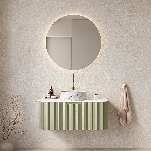 36'' Floating Vanity with Sink Combo, Modern Wall-Mounted Curved Edges Striped Bathroom Storage Cabinet with Soft-Close Drawer and White Stone Pattern Basin, Light Green