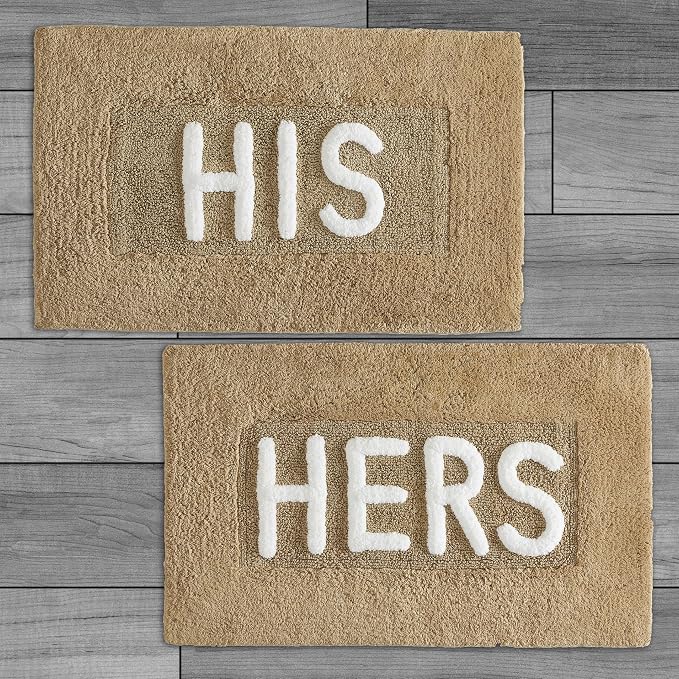Creative Home Ideas Cotton 2-Piece Bath Rug Set - Soft Cotton Bath Mat - Bathroom Decor - Water Absorbent and Machine Washable - Measures 20"x32" - "His & Hers" - Linen