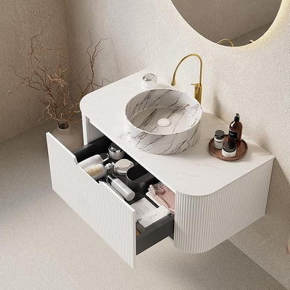 Yayzy 36" Floating Bathroom Vanity with Sink, Solid Wood Fluted Cabinet, White Marble-Patterned Ceramic Basin & Faux Marble Top, Soft-Close Drawer, Pre-Assembled, White