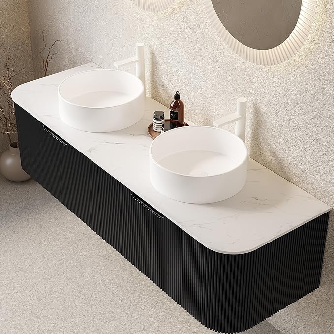 Yayzy 60" Floating Bathroom Vanity with Sink, Solid Wood Fluted Cabinet, White Round Ceramic Basin & Faux Marble Top, Soft-Close Drawer, Pre-Assembled, Gloss Black