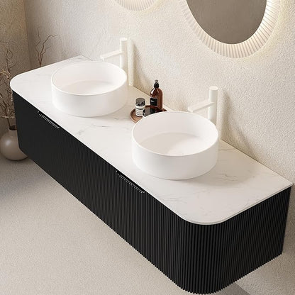 Yayzy 60" Floating Bathroom Vanity with Sink, Solid Wood Fluted Cabinet, White Round Ceramic Basin & Faux Marble Top, Soft-Close Drawer, Pre-Assembled, Gloss Black