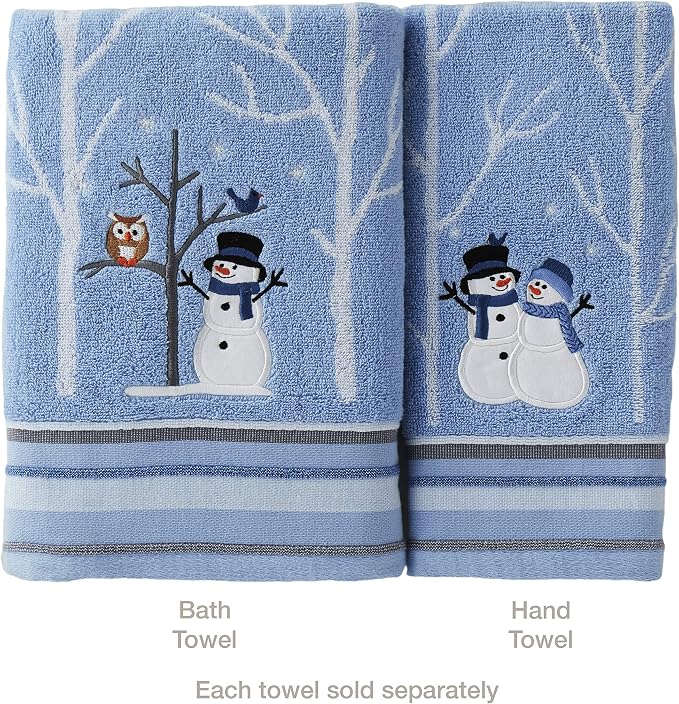 SKL Home Christmas Winter Friends Snowman Bath Towel, 100% Cotton, Blue | 450 GSM. Soft & absorbent jacquard with embroidery. Great for holiday gifting.