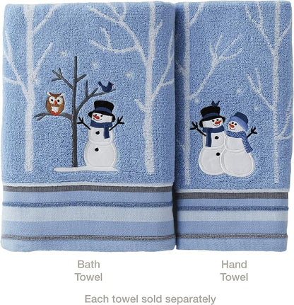 SKL Home Christmas Winter Friends Snowman Bath Towel, 100% Cotton, Blue | 450 GSM. Soft & absorbent jacquard with embroidery. Great for holiday gifting.