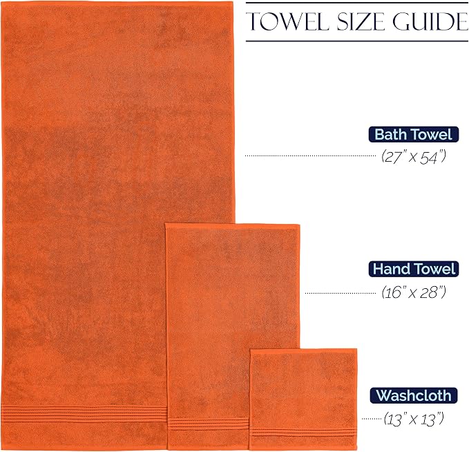 Elegant Comfort Premium Cotton 6-Piece Towel Set, Includes 2 Washcloths, 2 Hand Towels and 2 Bath Towels, 100% Turkish Cotton - Highly Absorbent and Super Soft Towels for Bathroom, Orange