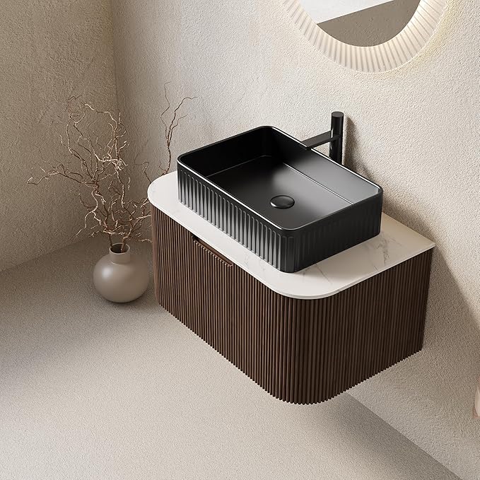30'' Bathroom Vanities Cabinet with Sink, Wall Mounted Floating Cabinet W/Curved Edges Stripes, Oak Plywood, Soft-Close System with a Drawer, Black Rectangular Ceramic Basin - Kiel, Dark Walnut/B