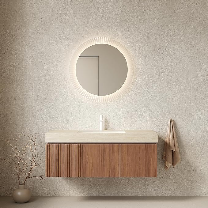 KEIKI 48 Inch Floating Bathroom Vanity with Sink, Modern Wall Mounted Storage Cabinet with Drawer, Pre-assembled Waterproof Wood Panels, Sintered Stone Top & Ceramic Basin Combo Set, Brown Oak & Beige