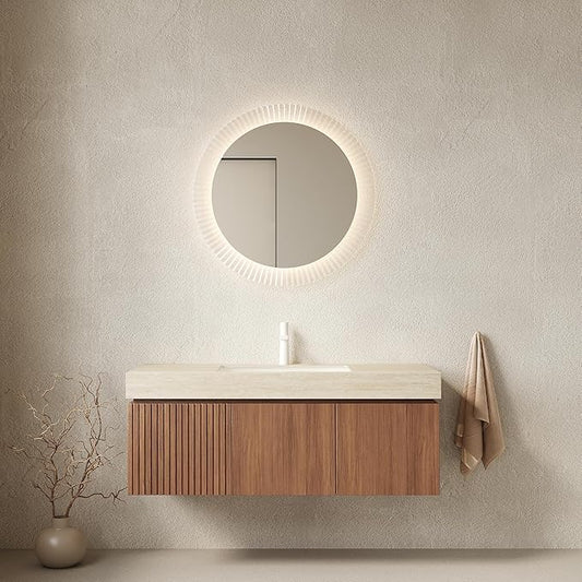 KEIKI 48 Inch Floating Bathroom Vanity with Sink, Modern Wall Mounted Storage Cabinet with Drawer, Pre-assembled Waterproof Wood Panels, Sintered Stone Top & Ceramic Basin Combo Set, Brown Oak & Beige