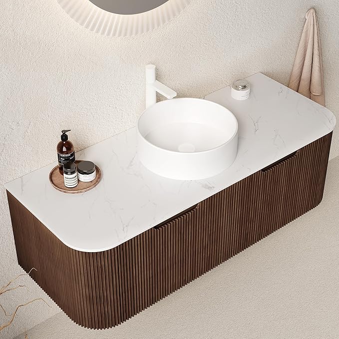 LKTART 48 Inch Floating Bathroom Vanity with Sink, Modern Wall Mounted Bathroom Storage Cabinet with Drawer, Round White Ceramic Sink Top and Marble Texture Top, Walnut