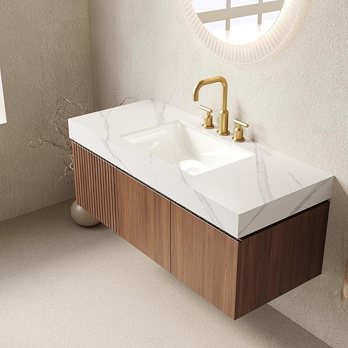 48" Floating Bathroom Vanity with Sink, Modern Plywood Bathroom Vanities with Drawer and Doors, Carrara White Sintered Stone Top and 3 Pre-drilled Faucet Holes Ceramic Basin, Pre-Assembled, Dark Oak