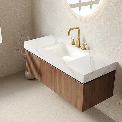 48" Floating Bathroom Vanity with Sink, Modern Plywood Bathroom Vanities with Drawer and Doors, Carrara White Sintered Stone Top and 3 Pre-drilled Faucet Holes Ceramic Basin, Pre-Assembled, Dark Oak