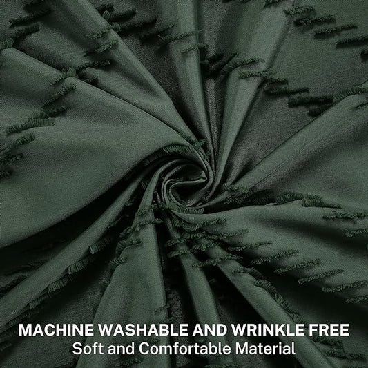 Extra Long Dark Green Boho Shower Curtain with Tassel, Woven Fabric 90 in, Tufted Chevron Striped, 72 x 90, Modern Chic Textured Minimalist Bathroom