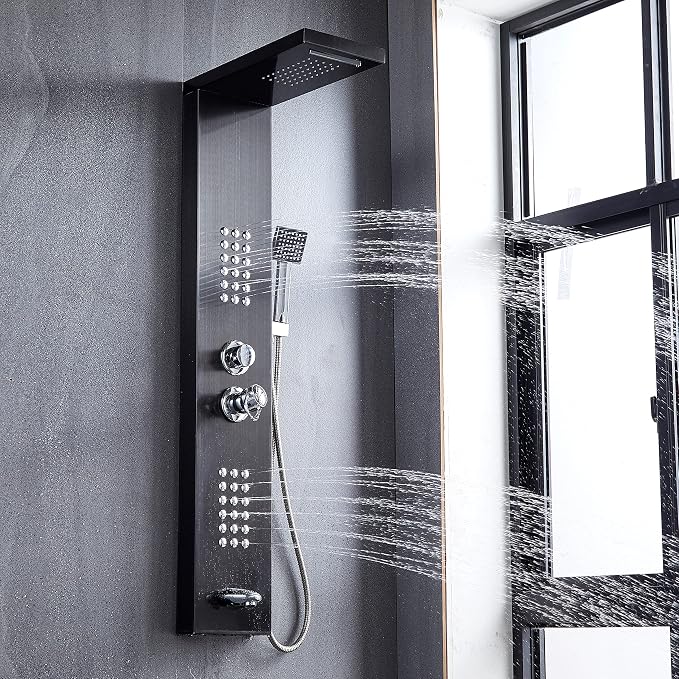 Delavin Multi Fuction Shower Panel, Shower Tower, Rainfall Waterfall Stainless Steel Shower Panel Tower System, Full Body Shower System with Body Jets, Tub Spout, Handheld Shower, Brushed Black | Stainless Steel, Rainfall Waterfall, Body Jets, Tub Spou...