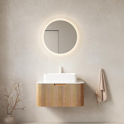 Yayzy 30" Floating Bathroom Vanity with Sink, Solid Wood Fluted Cabinet, White Fluted Square Ceramic Basin & Faux Marble Top, Soft-Close Drawer, Pre-Assembled, Natural Woodgrain