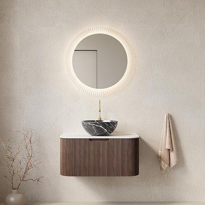 Yayzy 30" Floating Bathroom Vanity with Sink, Solid Wood Fluted Cabinet, White Marble-Patterned Ceramic Basin & Faux Marble Top, Soft-Close Drawer, Pre-Assembled, Walnut Woodgrain