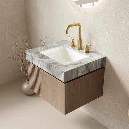 KEIKI 24 Inch Floating Bathroom Vanity with Sink, Light Brown & Grey | Modern Wall Mounted Storage Cabinet with 2 Doors, Pre-assembled Wood Panels, Sintered Stone Top & Ceramic Basin Combo Set
