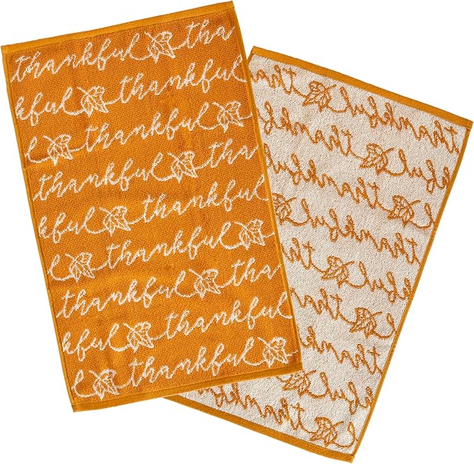 SKL Home Fall/Thanksgiving Thankful Script Hand Towel Set-2pc, Yellow | 100% Cotton. Soft & absorbent. Reversible jacquard pattern. Great for the bathroom, kitchen or bar & gifting.