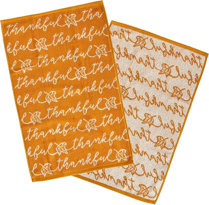 SKL Home Fall/Thanksgiving Thankful Script Hand Towel Set-2pc, Yellow | 100% Cotton. Soft & absorbent. Reversible jacquard pattern. Great for the bathroom, kitchen or bar & gifting.