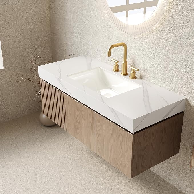 KEIKI 48 Inch Floating Bathroom Vanity with Sink, Light Brown & White | Modern Wall Mounted Storage Cabinet w/ Drawer & Door, Pre-assembled Wood Panels, Sintered Stone Top & Ceramic Basin Combo Set