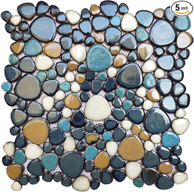 Pebble Tile for Shower Floor Aqua Cobalt Blue Mosaic Backsplash Tiles (5 Sheets)