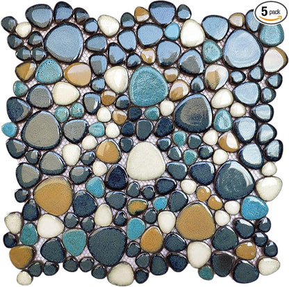 Pebble Tile for Shower Floor Aqua Cobalt Blue Mosaic Backsplash Tiles (5 Sheets)