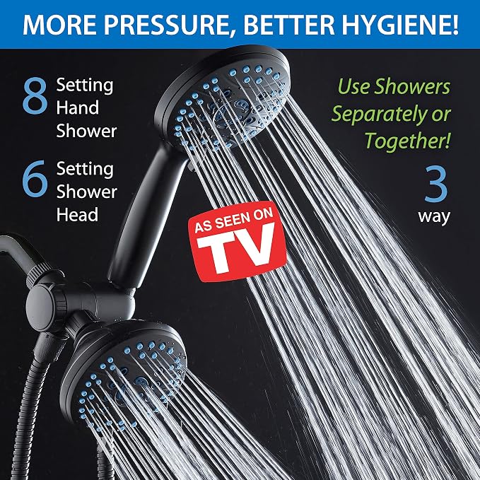 AquaCare 48-mode High Pressure 3-way Shower Head Combo w/ 2-mode Power Wash | Pure Clean Jets, Dual Handheld Power Wash for Tub, Tile & Pets, Long 6 ft. Stainless Steel Hose, Extra Wall Bracket / Black