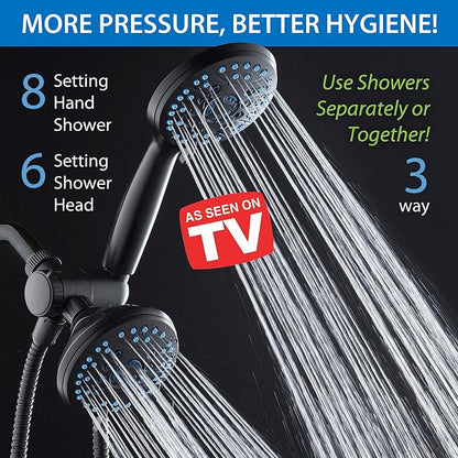 AquaCare 48-mode High Pressure 3-way Shower Head Combo w/ 2-mode Power Wash | Pure Clean Jets, Dual Handheld Power Wash for Tub, Tile & Pets, Long 6 ft. Stainless Steel Hose, Extra Wall Bracket / Black