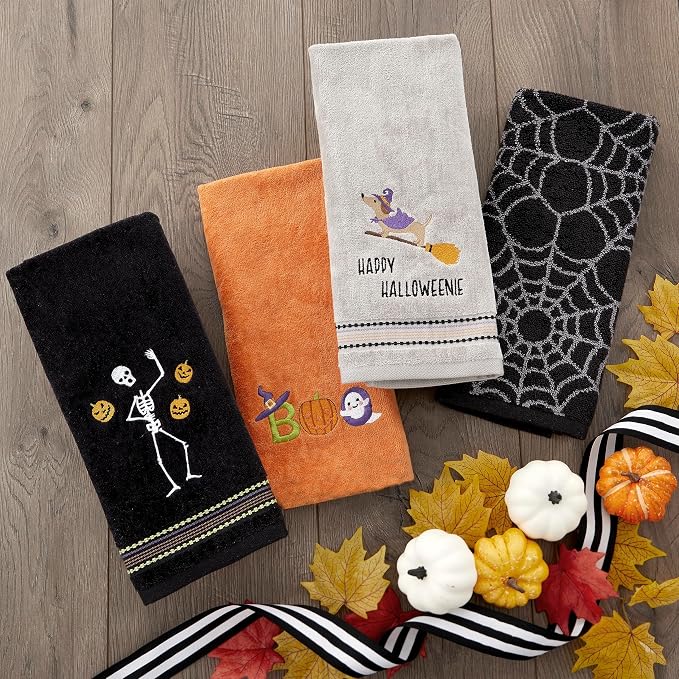 SKL Home Halloween Juggling Skeleton 100% Cotton Embroidered 2pc Hand Towel Set, Decorative for Bath/Kitchen/Bar & Gift, Black