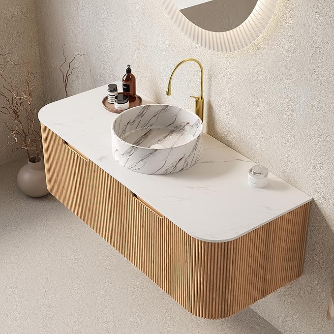 48'' Bathroom Vanities Cabinet with Sink Combo, Wall Mounted Floating Cabinet W/Curved Edges Stripes, Oak Plywood, Soft-close System with 2 Drawer & White Round Ceramic Basin - Kiel, Natural Wood/S