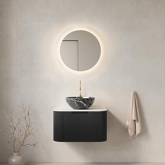 Yayzy 24" Floating Bathroom Vanity with Sink, Solid Wood Fluted Cabinet, White Marble-Patterned Ceramic Basin & Faux Marble Top, Soft-Close Drawer, Pre-Assembled, Gloss Black